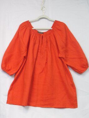 Lauren Ralph Lauren Top Women 2X Linen Peasant Tunic 3/4 Sleeve Embroidered Boho